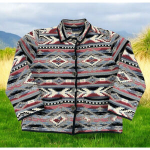 VTG Jane Ashley Tapestry Jacket Blazer Womens Sz M Southwestern Aztec Tribal Y2K